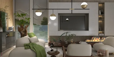 cozy living room with modern furniture showcasing a serene mountain landscape design using Homestyler's real-time 3D rendering feature for enhanced visualization