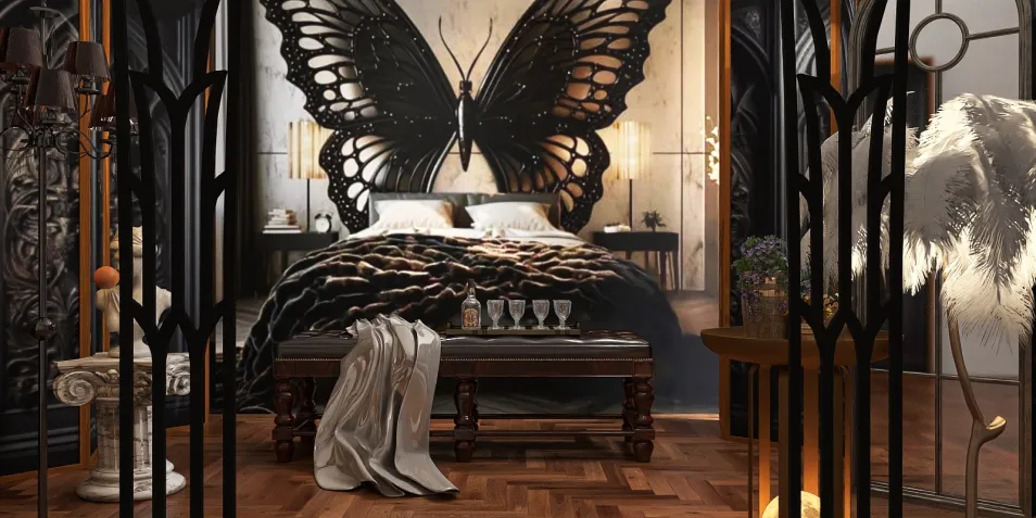 luxurious bedroom with butterfly mural featuring elegant bedding and decor, incorporating interior design tips for optimal comfort, showcasing Homestyler's real-time 3D rendering feature.