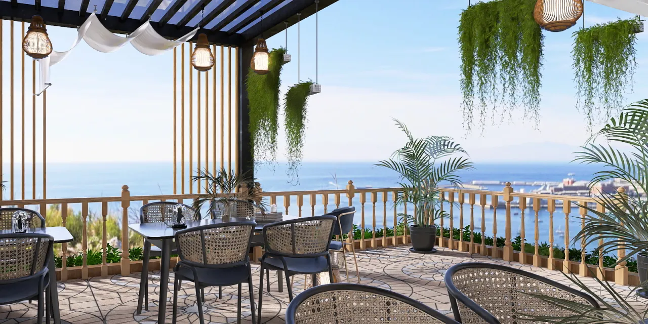 a patio area with chairs and tables and a balcony 