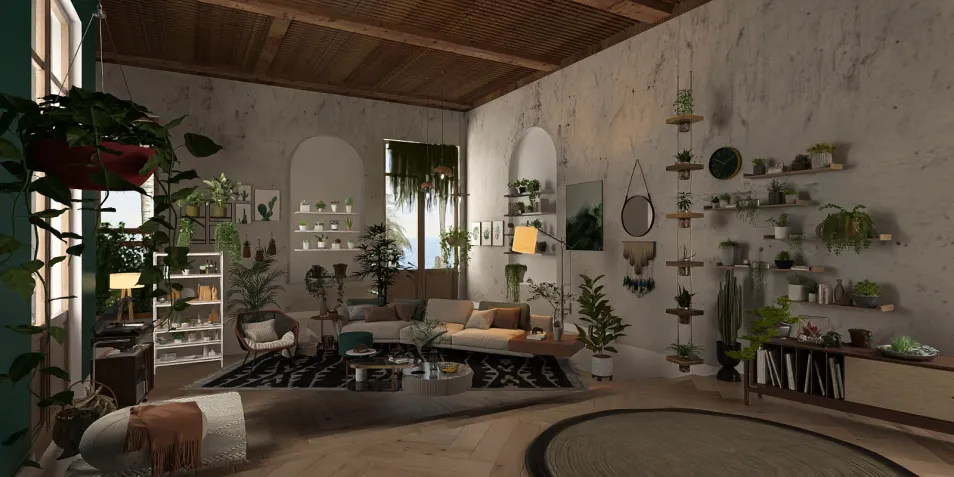 cozy living room with plants and comfortable furniture featuring natural wood accents and earthy decor style, showcasing interior design using Homestyler's real-time 3D rendering feature.