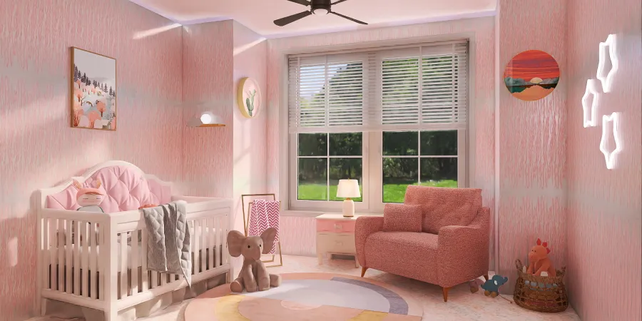 a room with a pink crib and a pink chair 