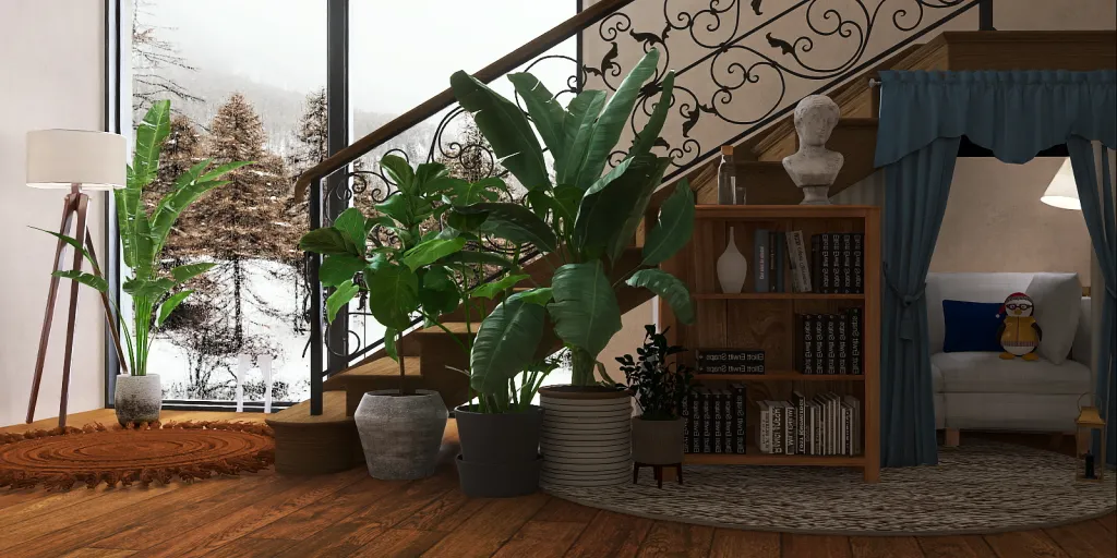 a living room with a plant and a vase 