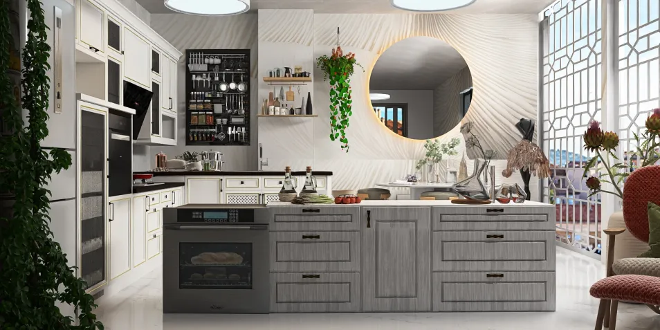 Modern kitchen design featuring a spacious island, utilizing smart furniture arrangement for optimal small space use, showcasing Homestyler's real-time 3D rendering capabilities.