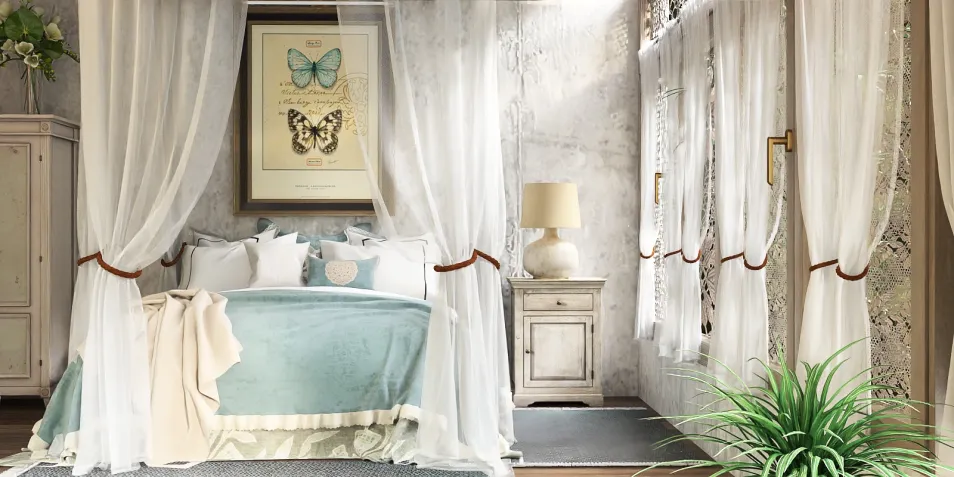 Elegant bedroom featuring a canopy bed with a serene color palette, designed using Homestyler for stunning interior decor visualization, showcasing a blend of vintage and modern styles.