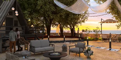 outdoor seating area with modern furniture and warm lighting created for a cozy atmosphere, featuring a sunset view that enhances the relaxing vibe of the space; includes Homestyler's AR virtual placement tool for accurate furniture arrangement.