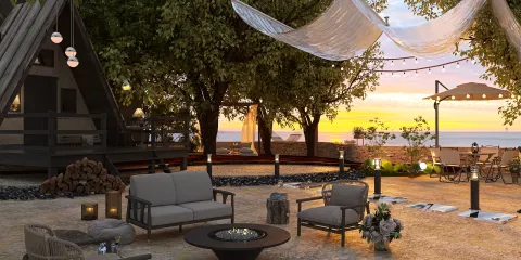 outdoor seating area featuring modern lounge chairs and a fire pit, designed for relaxation and social gatherings, showcasing a cozy atmosphere with ambient lighting, utilizing Homestyler's real-time 3D rendering to visualize the space.