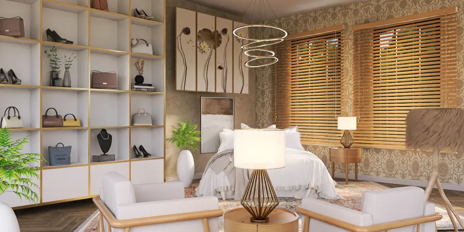 cozy bedroom interior design featuring a stylish shelving unit displaying shoes and accessories, using smart furniture arrangement for space optimization, showcasing a modern aesthetic with warm tones and natural light.