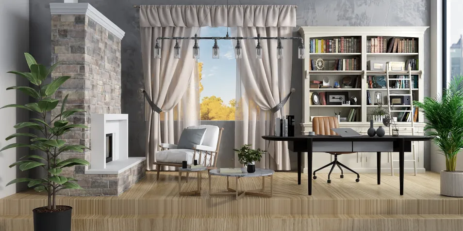 modern home office with fireplace and bookshelves featuring furniture arrangement optimization using Homestyler