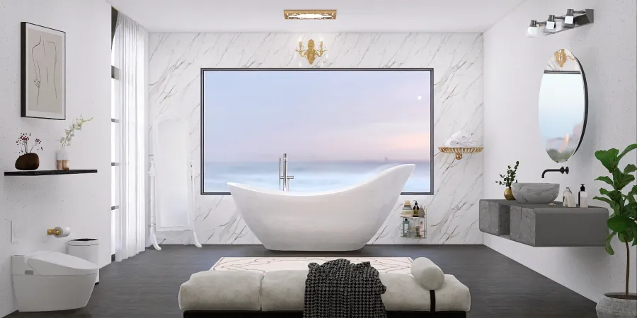 a white bath tub sitting in front of a large window 