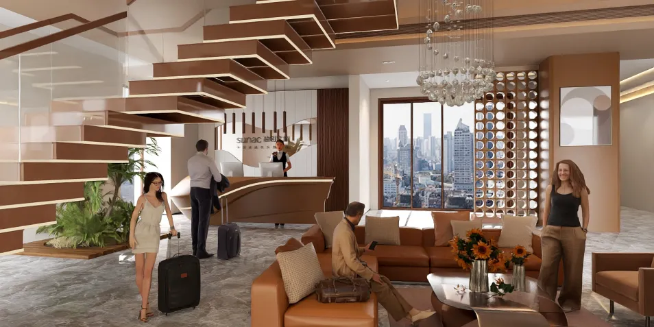 modern hotel lobby design featuring a stylish reception area and contemporary seating arrangement, showcasing luxury interior decor; highlights Homestyler's real-time 3D rendering capability for fast design previews.