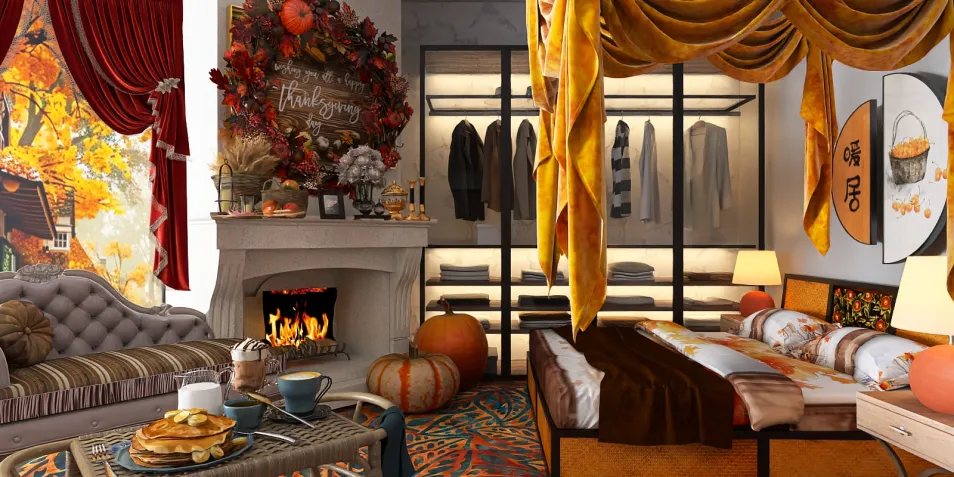 Cozy autumn-themed bedroom with comfortable bedding and stylish storage solutions, designed using Homestyler's real-time 3D rendering feature, creating a warm and inviting space for relaxation.