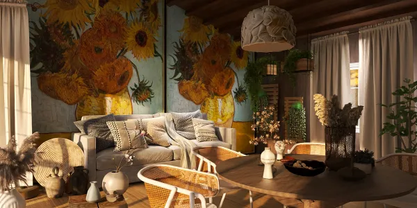 living room with sunflowers mural and cozy furniture arrangement in bohemian style, featuring interior decor elements for home design using Homestyler's real-time 3D rendering.