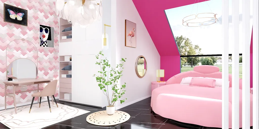 a living room with a red wall and a pink wall 