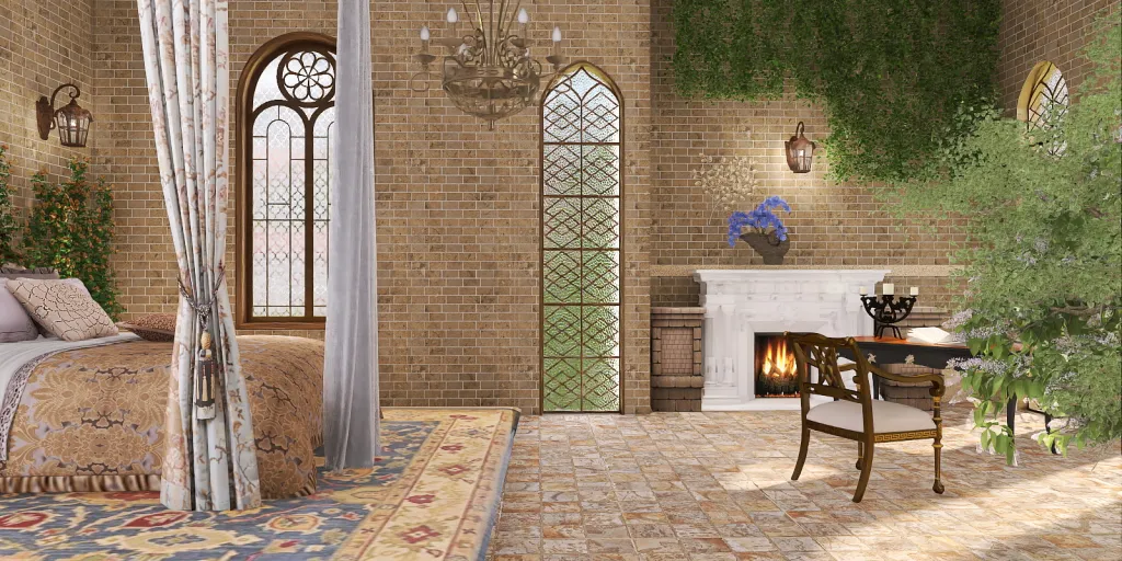 a fireplace and a table in a room 