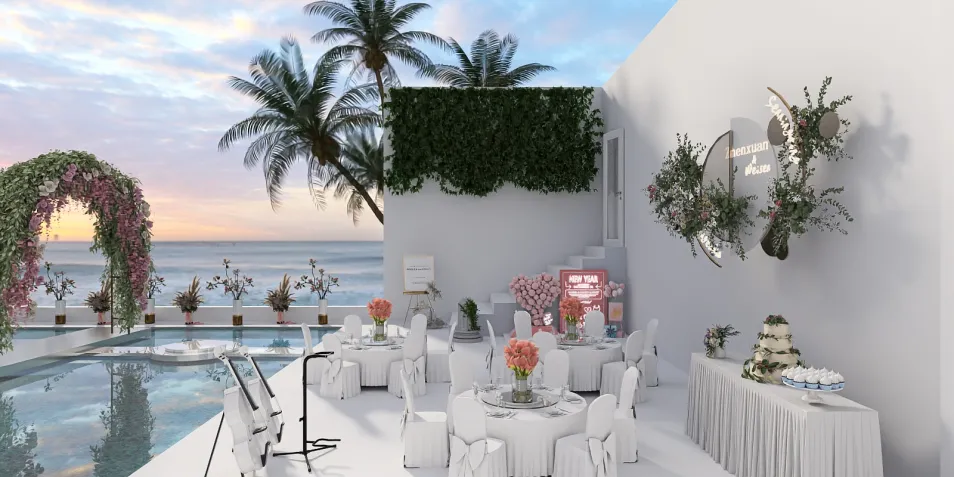 outdoor wedding setup overlooking the ocean featuring decorated tables and a poolside view in a modern coastal style, showcasing Homestyler’s real-time 3D rendering ability