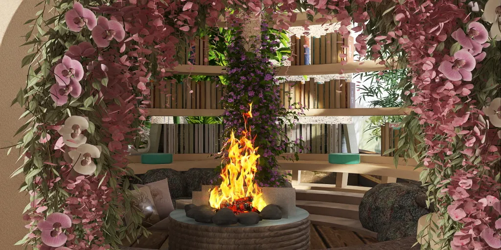 a fire place with a bunch of flowers in it 