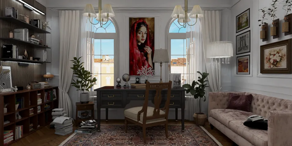 a cozy home office interior featuring a stylish desk setup with a plush sofa, elegantly decorated with vintage artwork, styled using Homestyler's real-time 3D rendering for an inviting atmosphere