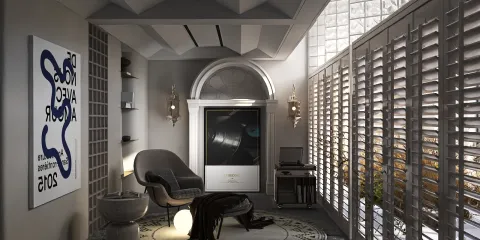 modern lounge area featuring a chic armchair and decorative elements, showcasing an elegant design style and optimized space utilization, utilizing Homestyler's real-time 3D rendering capability.