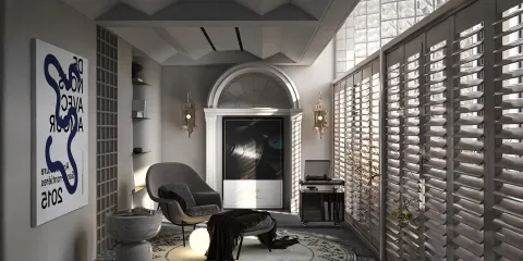 modern chair arrangement in a stylish gray living space with artwork and decorative accents, showcasing interior decor design using Homestyler's real-time 3D rendering feature.