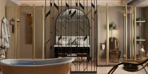 luxurious bathroom design featuring a freestanding tub and elegant golden accents, showcasing the aesthetic appeal of interior decor using Homestyler's real-time 3D rendering feature for quick design previews.