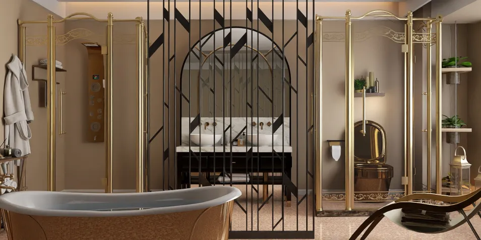 luxurious bathroom featuring a freestanding tub and stylish glass partitions enhancing the design with a contemporary aesthetic for upscale interior spaces utilizing Homestyler's real-time 3D rendering feature.