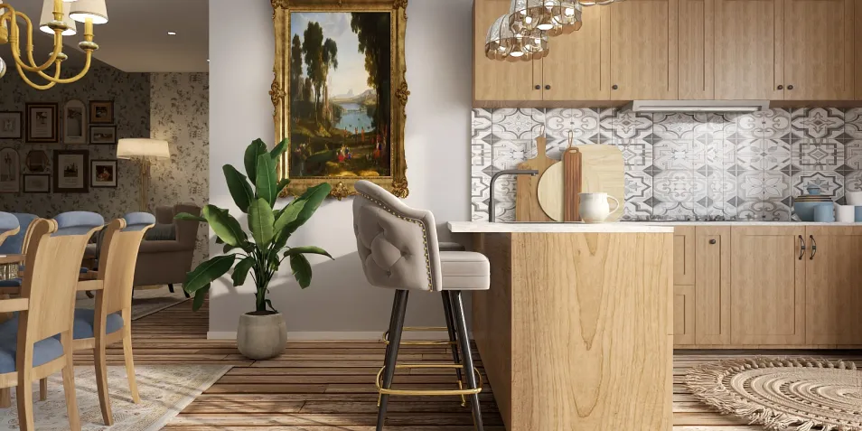 modern kitchen island design featuring stylish bar stools and decorative wall art in a cozy dining space, showcasing Homestyler's real-time 3D rendering for interior decor.