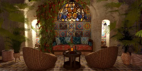 decorative seating area featuring an ornate light fixture and vibrant wall tiles in a bohemian style, ideal for enhancing indoor spaces with Homestyler's real-time 3D rendering feature.