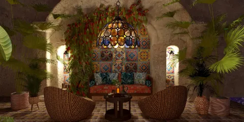 Cozy seating area with woven chairs and vibrant tile wall decor in a tropical bohemian style, showcasing an interior decor theme and highlighting Homestyler's real-time 3D rendering feature.