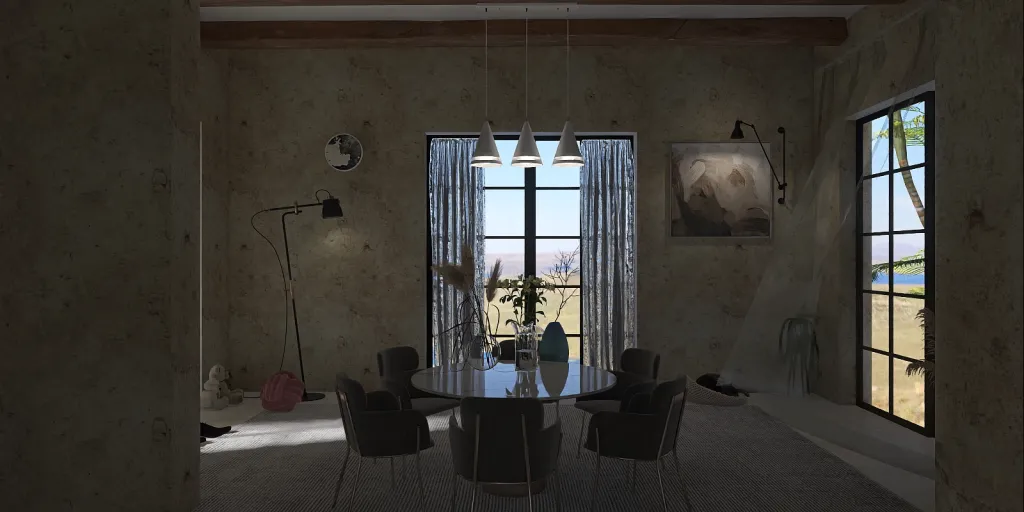 a room with a table and chairs and a window 