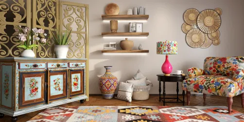 colorful furniture arrangement featuring a vintage sideboard and patterned armchair in a cozy living space with floral decor, showcasing Homestyler's intelligent furniture layout feature for optimizing small spaces.