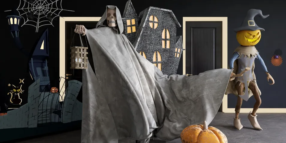 Halloween decorations featuring a ghostly figure and a pumpkin-headed character creating a spooky atmosphere in a themed interior design space; showcasing Homestyler's AR virtual placement feature for immersive design experiences.
