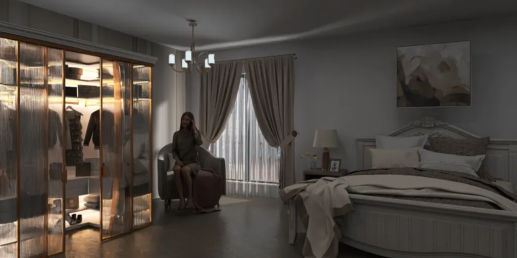 a woman is sitting in a bedroom with a bed 