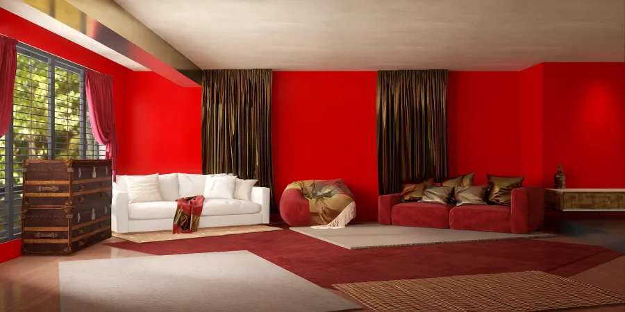 a living room with a red couch and red carpet 