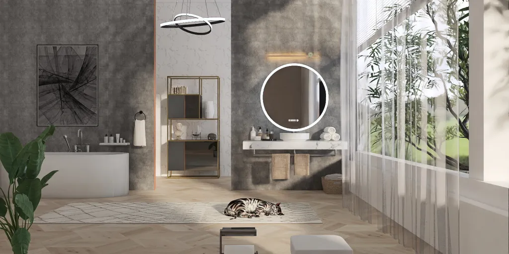 a bathroom with a bath tub and a mirror 
