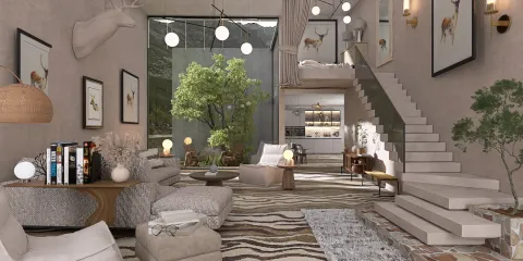 spacious living room featuring modern furniture arrangement with a touch of nature, contemporary style, showcases the interior decor of an open-plan design, highlights Homestyler's real-time 3D rendering feature.