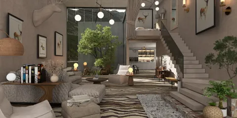 living room featuring a modern design with natural elements, utilizing a 3D rendering functionality from Homestyler to visualize the open space efficiently.