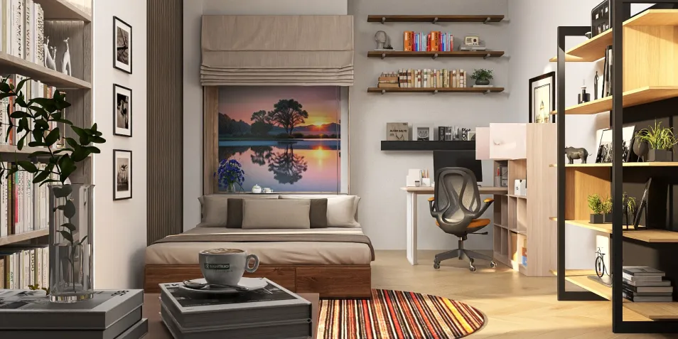 modern bedroom interior design featuring a cozy bed and efficient workspace with AR virtual furniture placement for optimal soft decor arrangement