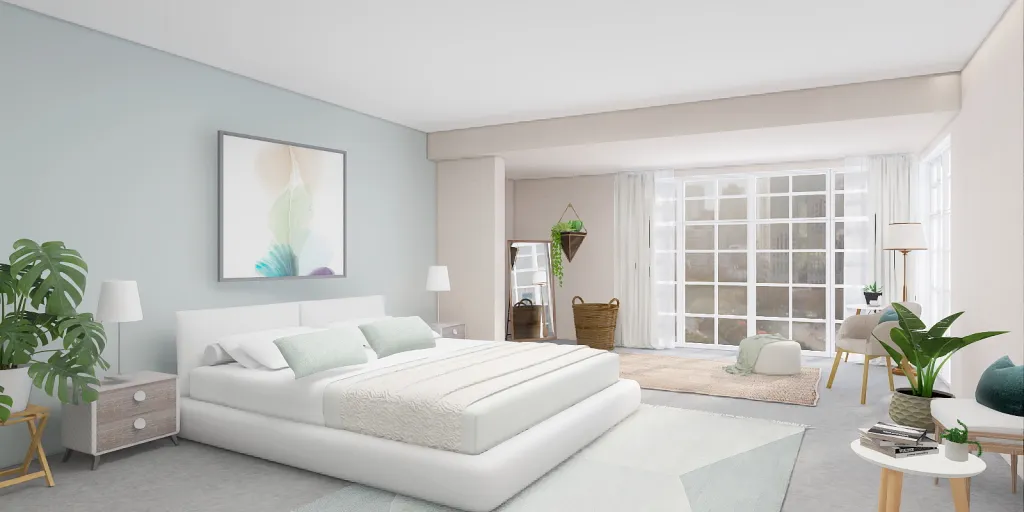 a large white bed in a room with a large window 