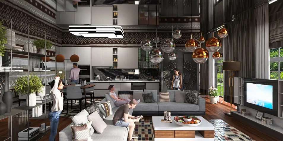 modern living room with stylish furniture and lighting, featuring a cozy atmosphere and efficient space utilization for interior design, showcasing Homestyler's real-time 3D rendering capabilities.