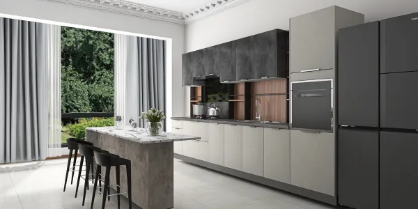 modern kitchen design featuring an open layout with a stylish island, contemporary materials, and sleek cabinetry, showcasing homestyler's real-time 3D rendering for effective interior decor planning.