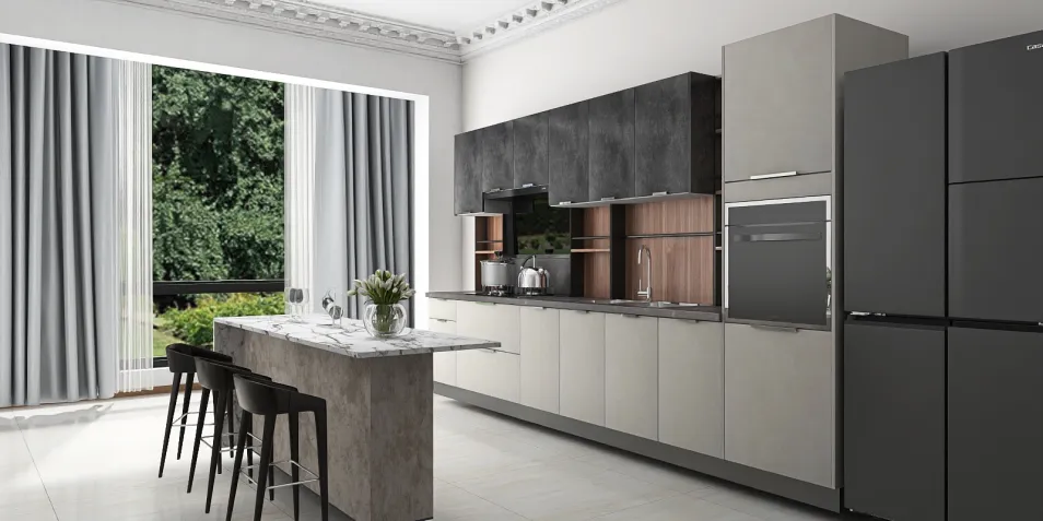 modern kitchen design featuring an open layout with a stylish island, contemporary materials, and sleek cabinetry, showcasing homestyler's real-time 3D rendering for effective interior decor planning.