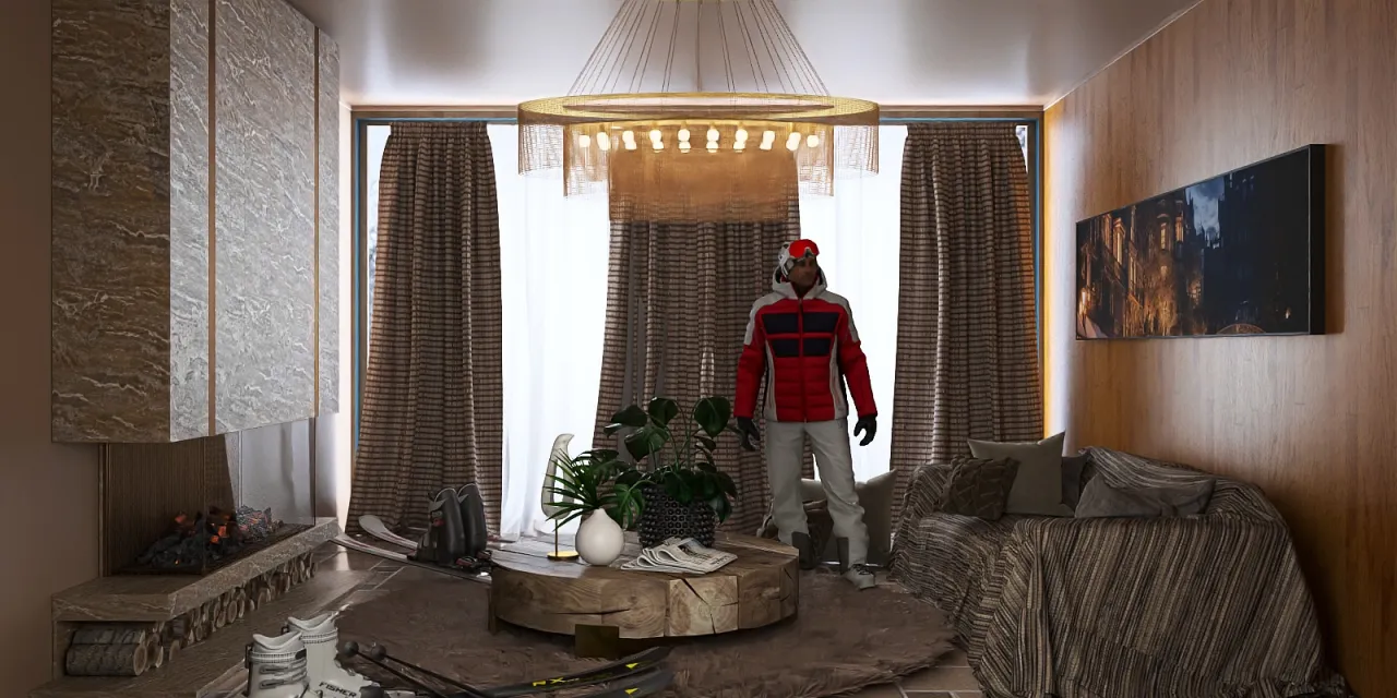 a man in a red shirt standing in a room 