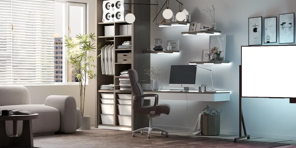 modern home office design featuring a sleek desk setup with shelves and plants, incorporating smart furniture arrangement for space optimization using Homestyler's 3D rendering feature.