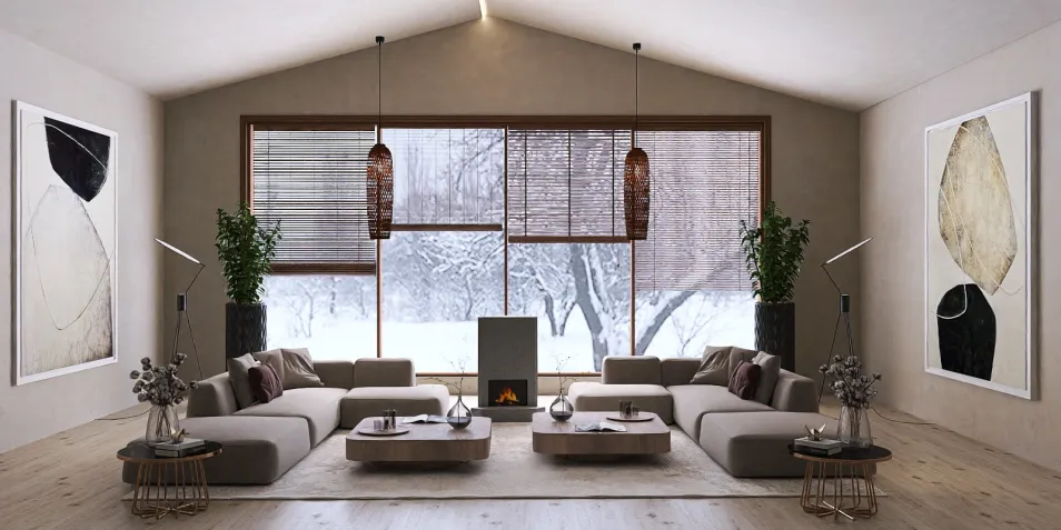 modern living room featuring a cozy sofa arrangement with artwork on the walls and large windows allowing natural light; showcasing interior decor design elements with Homestyler's real-time 3D rendering feature