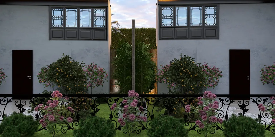 exterior garden design showcasing flowering plants and wrought iron fencing in a contemporary style using Homestyler's AR virtual furniture placement feature