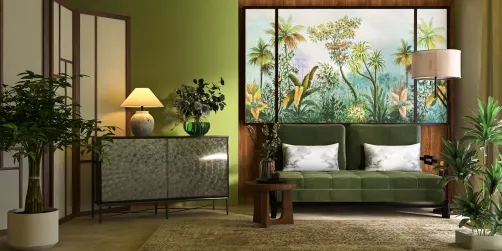 Cozy living room with green sofa and decorative plants featuring tropical wall art, designed using Homestyler's real-time 3D rendering for an immersive interior decor experience.
