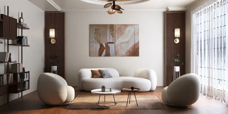 modern living room furniture arrangement featuring sleek minimalist design with soft curves, showcasing a cozy and stylish space utilizing Homestyler's real-time 3D rendering feature.