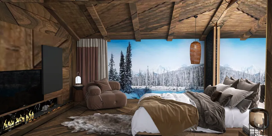 Cozy wooden bedroom featuring a modern design style with a focus on winter scenery, showcasing Homestyler's real-time 3D rendering for an efficient design proposal preview.