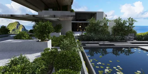 Modern architecture with lush greenery and water features enhancing outdoor space in a coastal setting, showcasing interior design possibilities with Homestyler's 3D rendering feature.