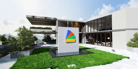 modern exterior of a house featuring a colorful architectural element with landscaping design showcasing a sleek minimalist style and outdoor space value utilizing Homestyler's real-time 3D rendering feature.